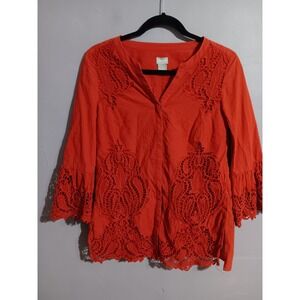 Chicos Womens Size 0 Small Bell 3/4 Sleeve Emdroidered Salmon Colored Shirt